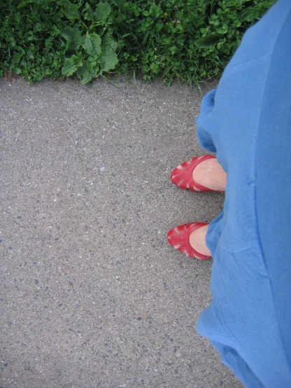 a woman's shoes in the middle of an open area with grass