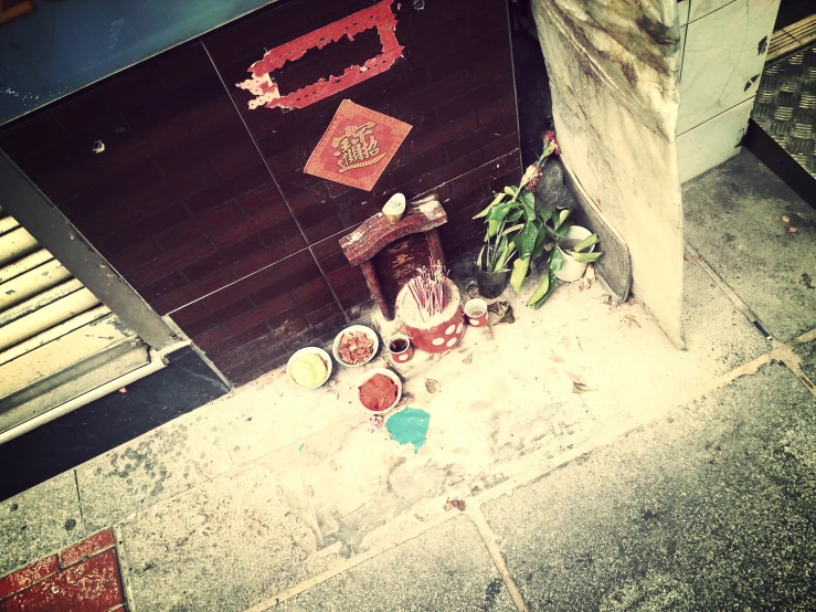 a wooden wall next to some potted plants and a street