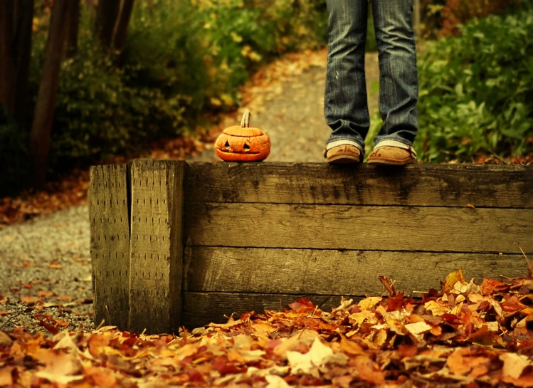 a girl in sneakers is standing on a wood board, with leaves all over the ground