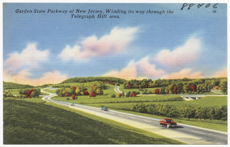 an old postcard features a road with a sky background