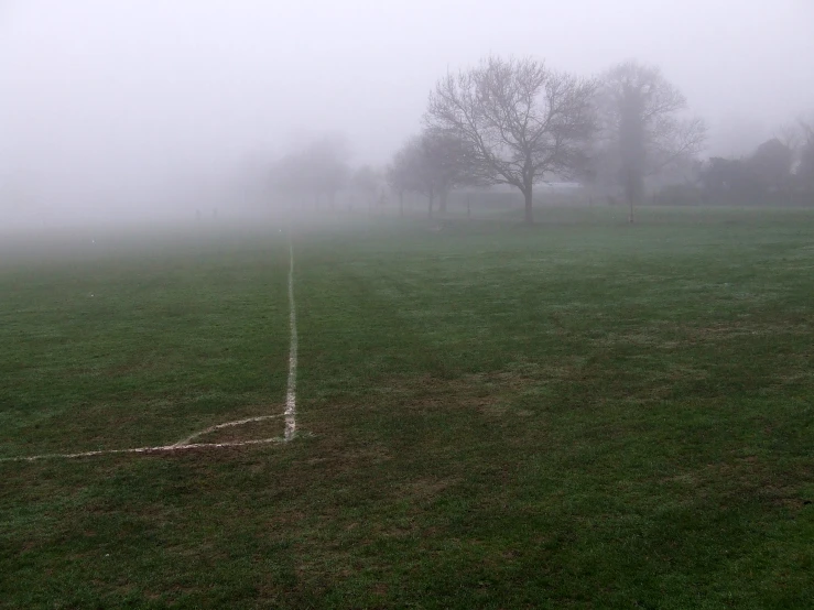 there is a soccer goal in the foggy grass