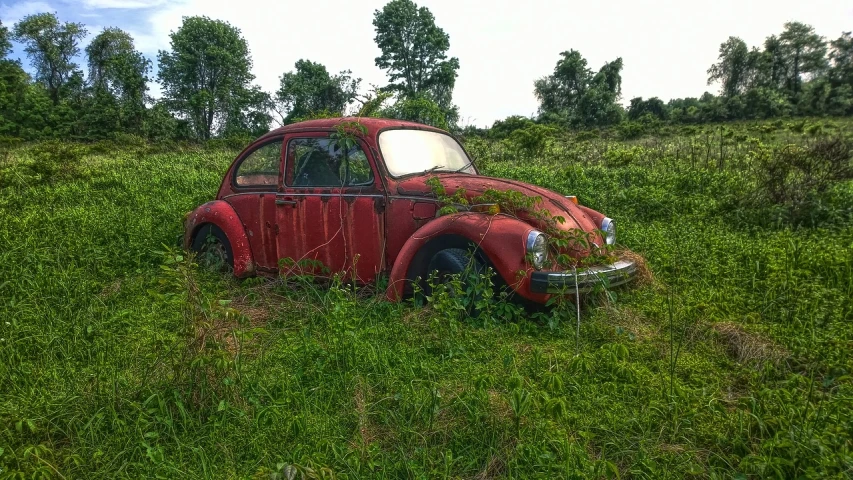 the old car sits in the middle of the grass