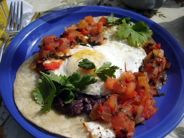 a plate topped with an omelet and black beans