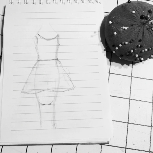 a drawing of a dress sits next to a ball cap