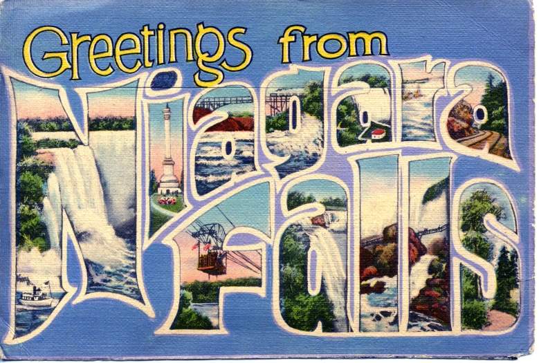 a postcard from niagara shows the water falls and mountains