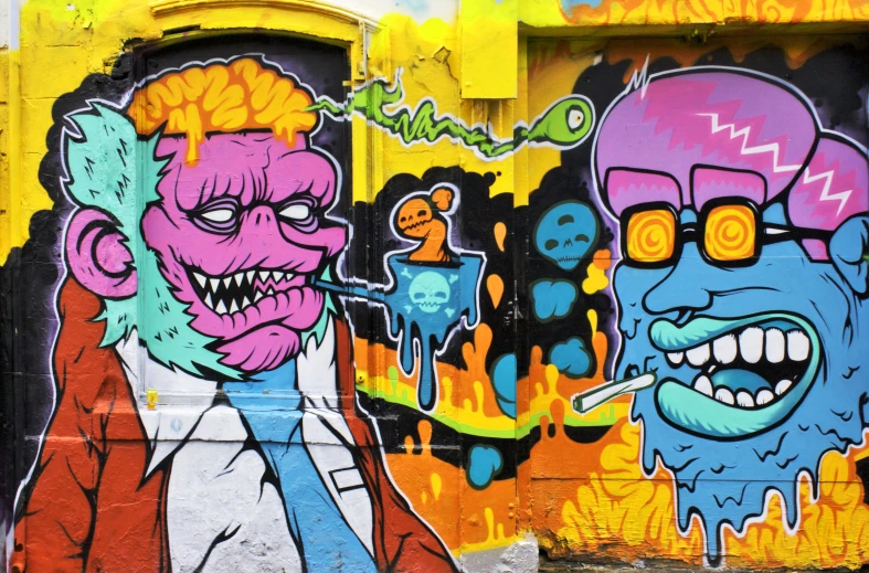 an outdoor scene with graffiti and some characters