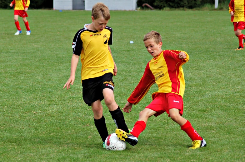 the young soccer players are competing for the ball