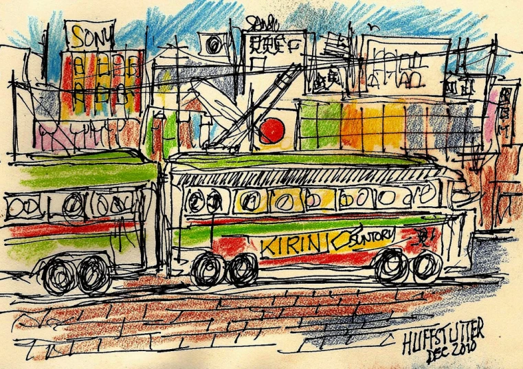 an artistic drawing of a bus with lots of buildings in the background