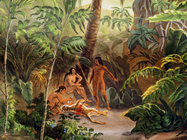three people are in a jungle setting and one is on a large animal