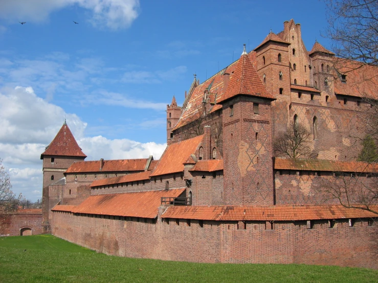 a castle is on the grass by some buildings