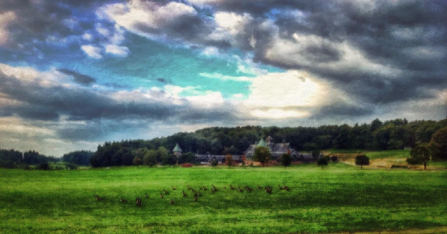 a large open green field in front of a house