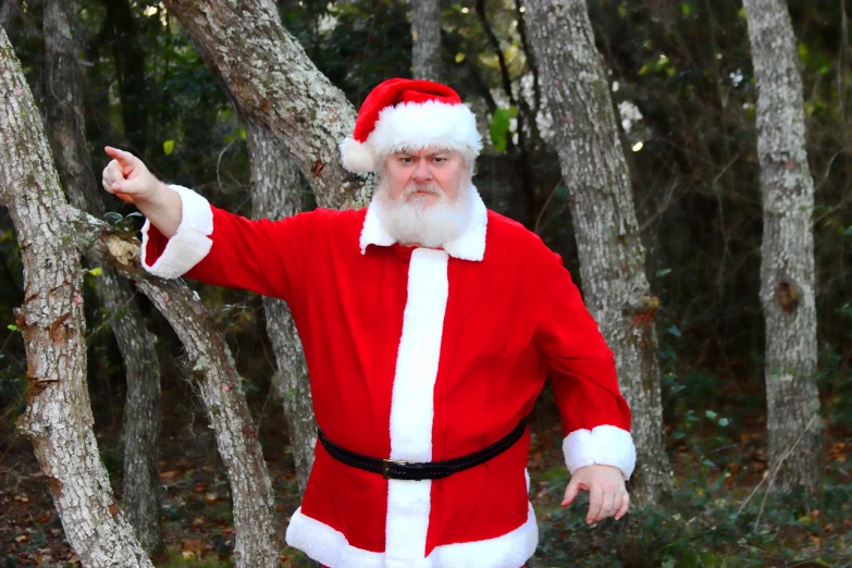 a man dressed as santa claus in the woods