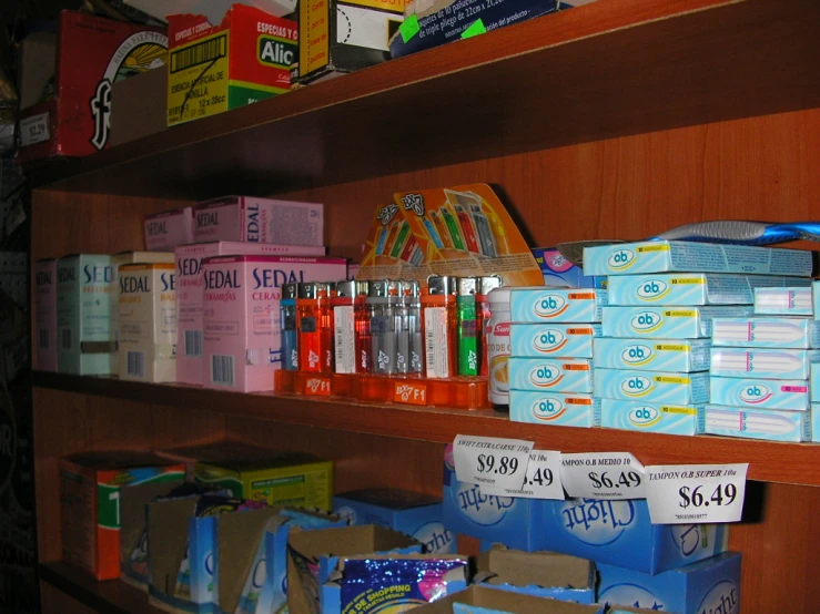 this is the shelves in the store filled with different types of items