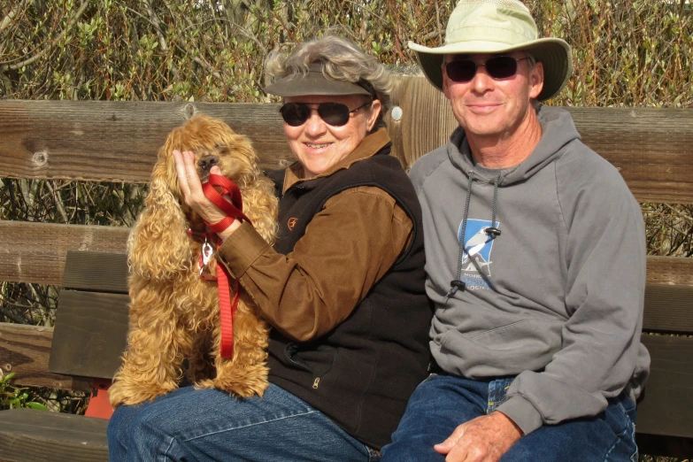 a couple sits on a wooden bench holding a dog