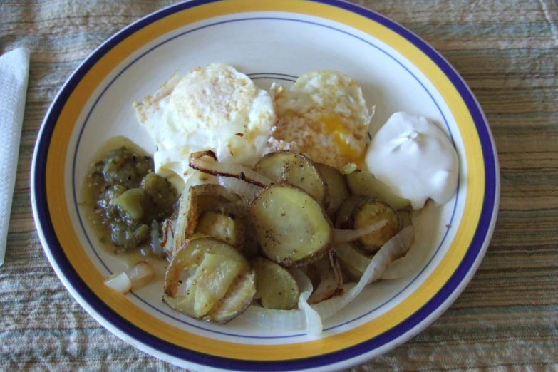 a plate of cooked potatoes and an egg