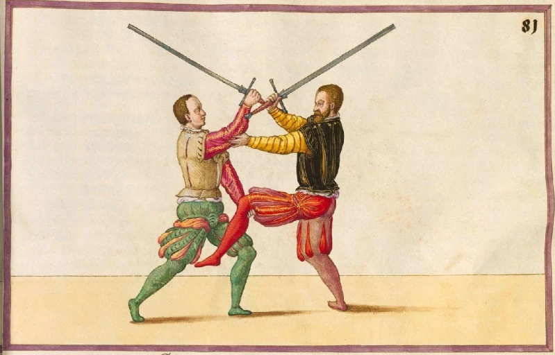 an antique picture shows men in medieval costumes holding swords