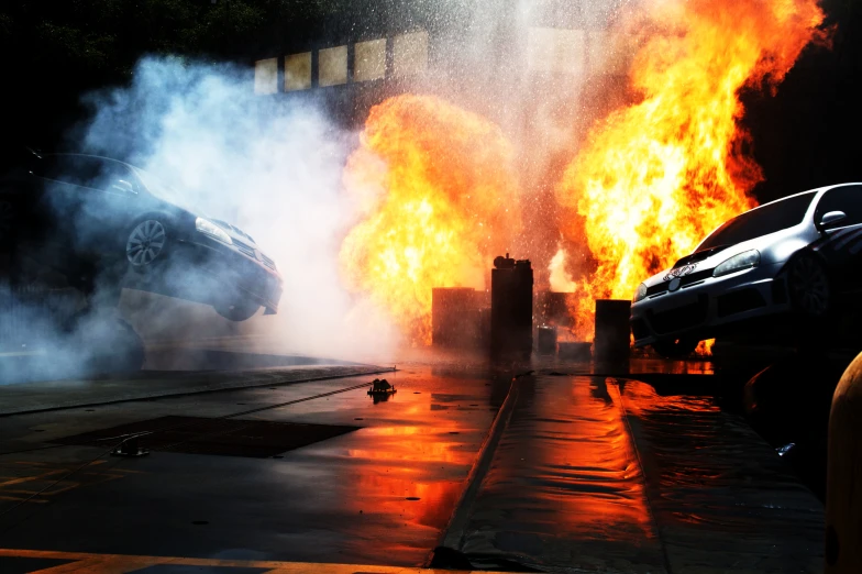 two cars sit in front of a fire hydrant that is on fire