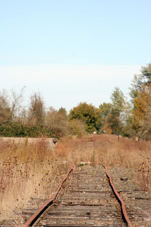 the train tracks have no cars in them and a view of the field from one end