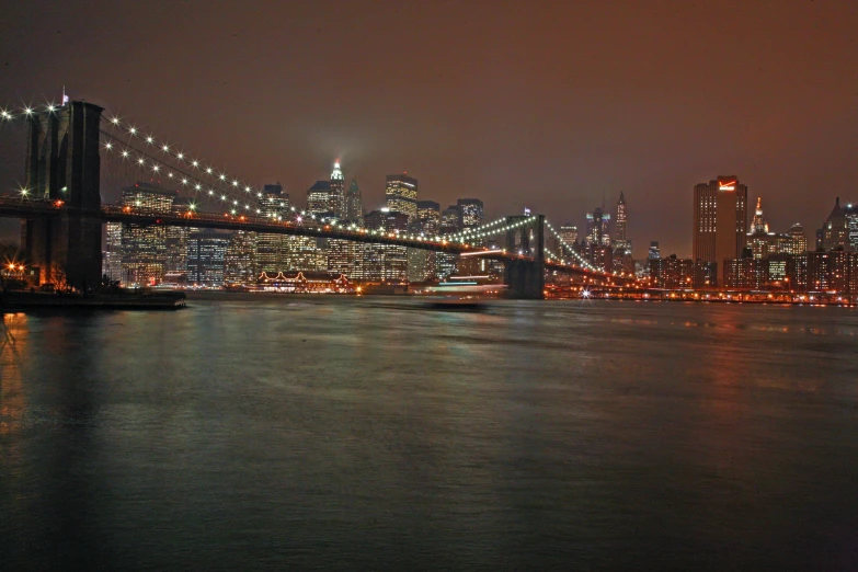 a long exposure view of the city lights and bridge