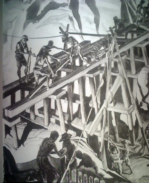 a drawing showing people climbing up the rails