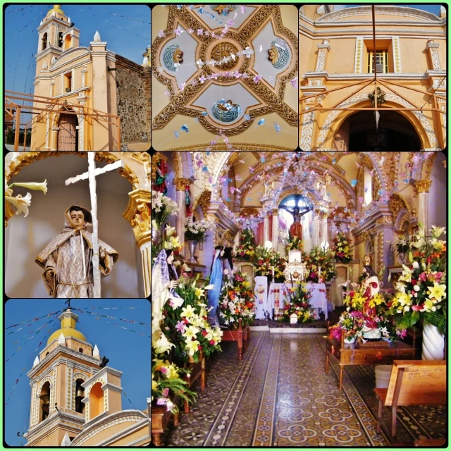 multiple pographs of an old style church with colorful decorations