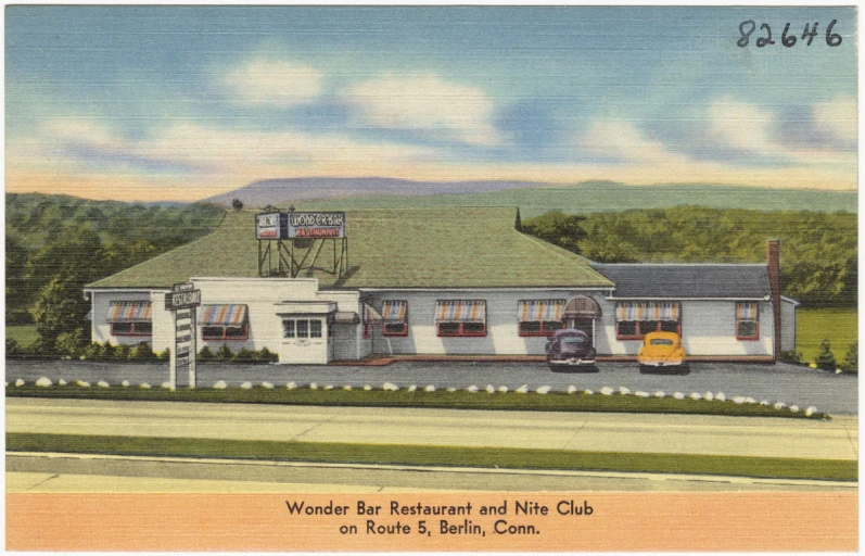 an old painting shows a motel, with parking lot on the other side