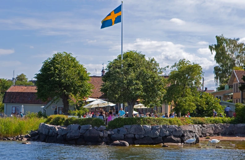 a flag and some houses on the other side of the water