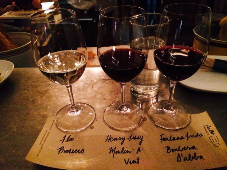 three glasses of wine are sitting on a table