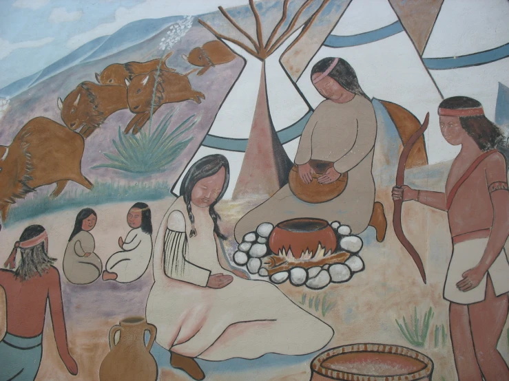 a painting of an american indian family and children