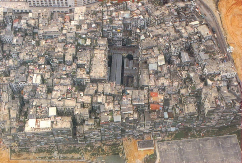 the aerial view of some small brick structures