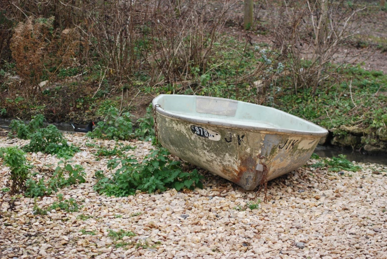 a dirty bathtub sitting on the ground next to some bushes