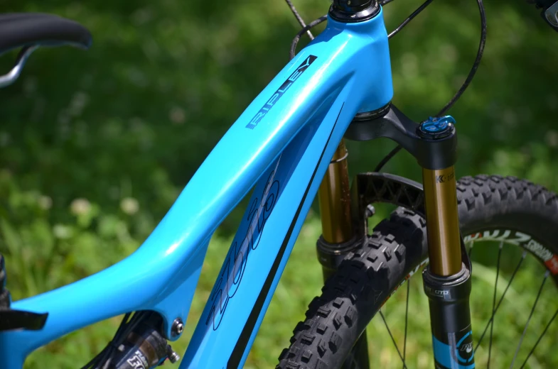 the rear view of a blue bike parked in the grass