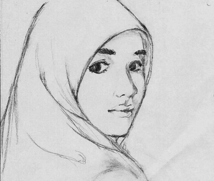 the pencil drawing shows the face of a young woman wearing a headscarf
