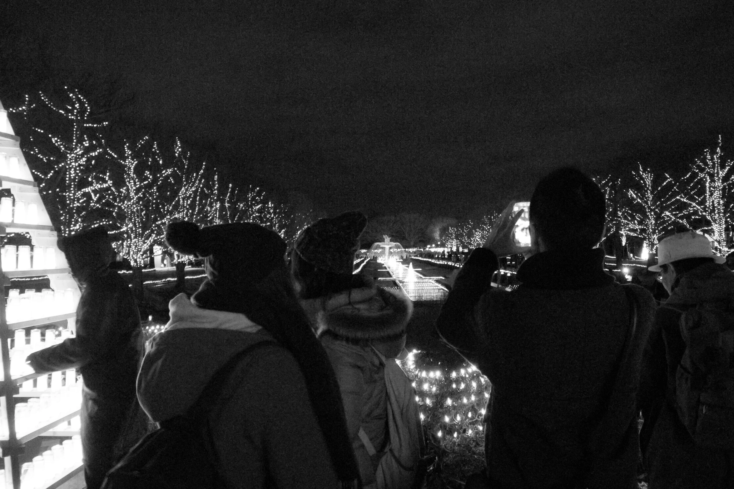 people standing in a dark room with their back to camera