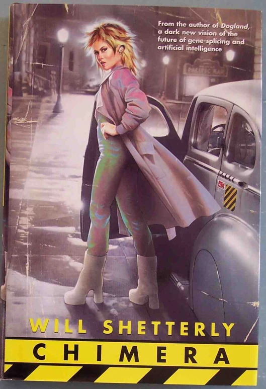 a book about a girl in black and white coat leaning on her car