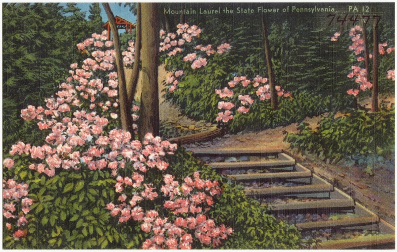 a painting of steps leading to trees, shrubs and flowers