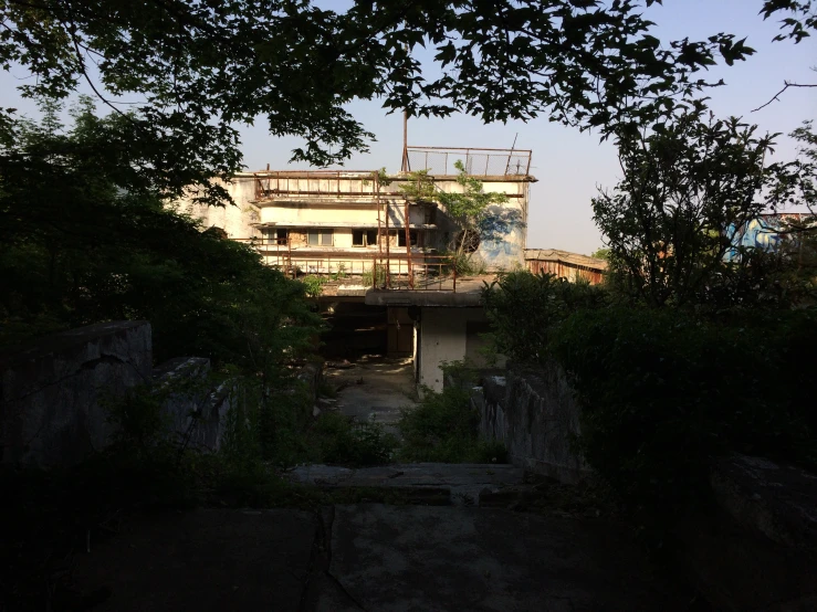 an apartment building is seen through a tree