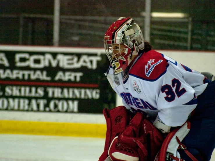 a goalie waits to play a game of ice hockey