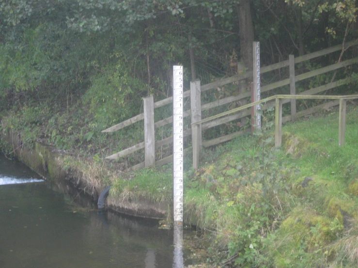 wooden fence next to the river near a lush green forest