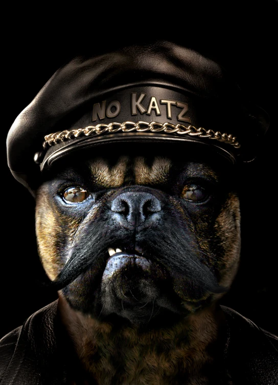 a dog with a hat and mustache wearing a leather jacket