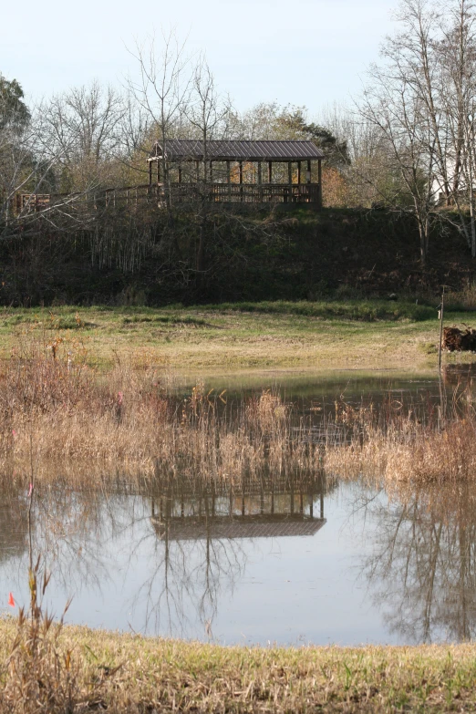 a pond, a dock and a forest covered hillside