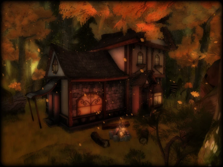 an animated image of a house and pumpkins in front of it