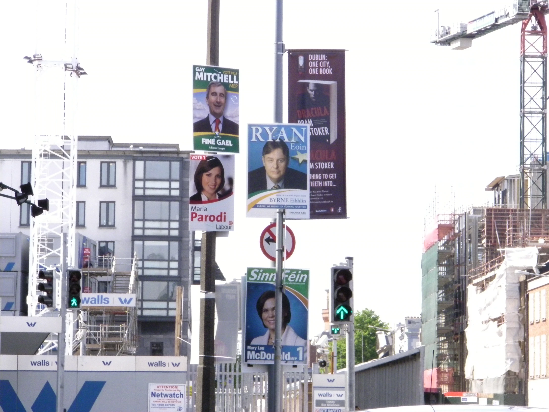 several political posters on a street light