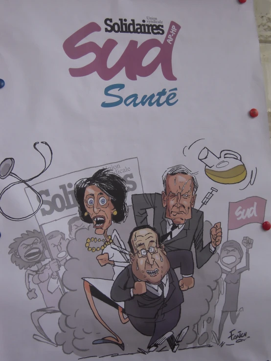 some political characters drawn on paper with advertises for soda