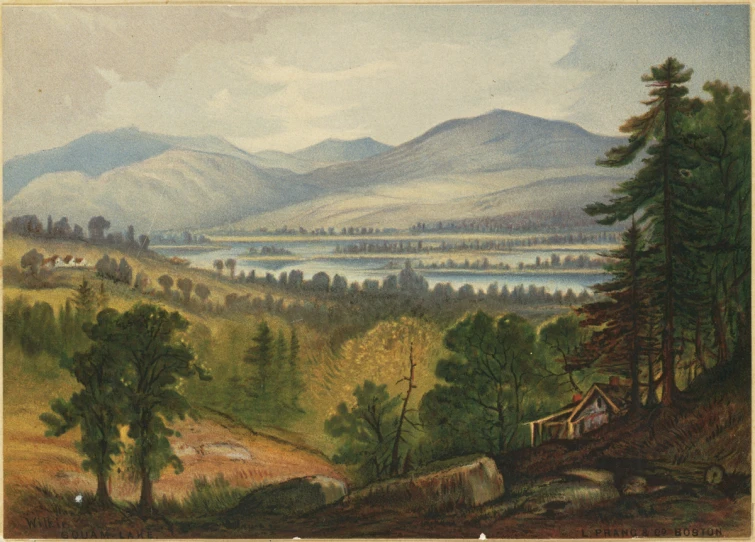 the painting shows mountains, water, and trees in a landscape