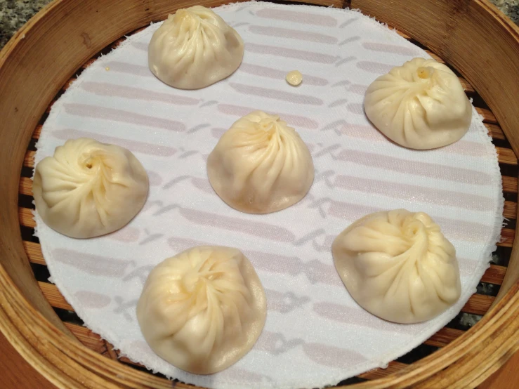 some dimmed dumplings are in a bamboo bowl