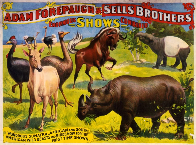 a painting of several animals including horses, rhinos and hippopotamus