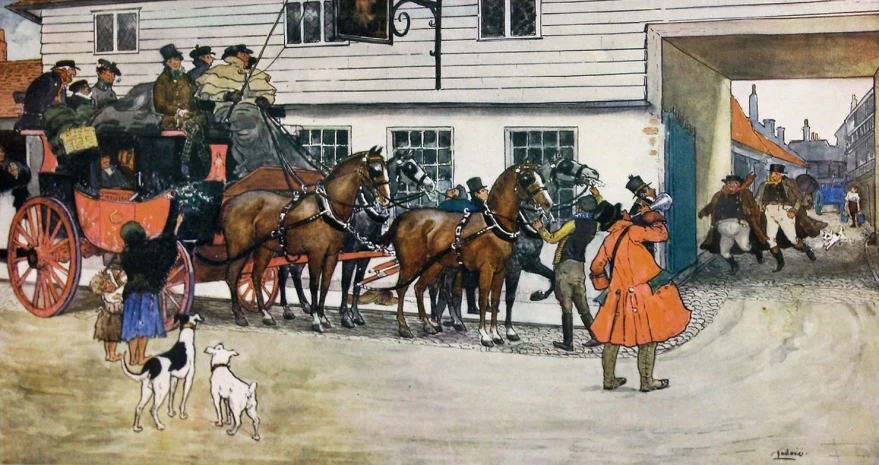 a drawing depicting an illustration with horses and carriages, people standing near them