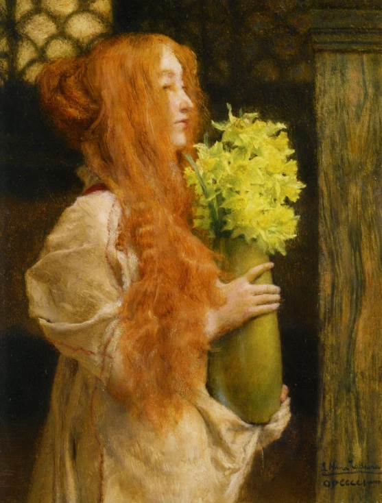 a woman with long red hair holding a large potted plant