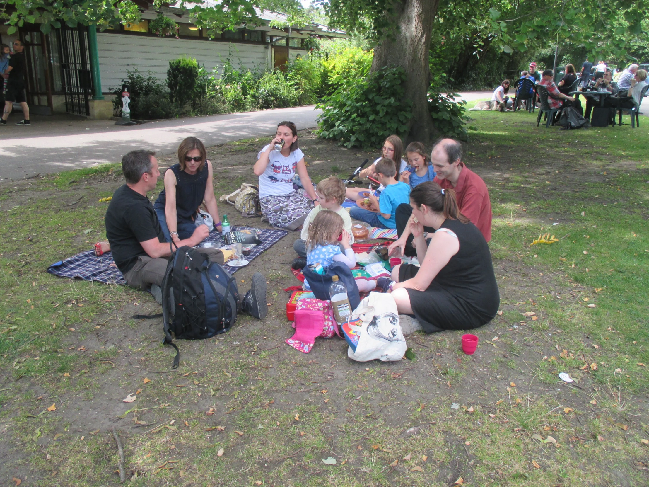 people are sitting on the ground eating and drinking